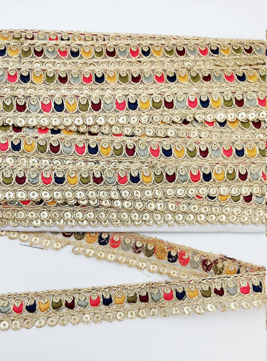 Multicoloured Tissue Fabric Sequin Border, Beige Shimmer Lace Trim, Decorative Trim